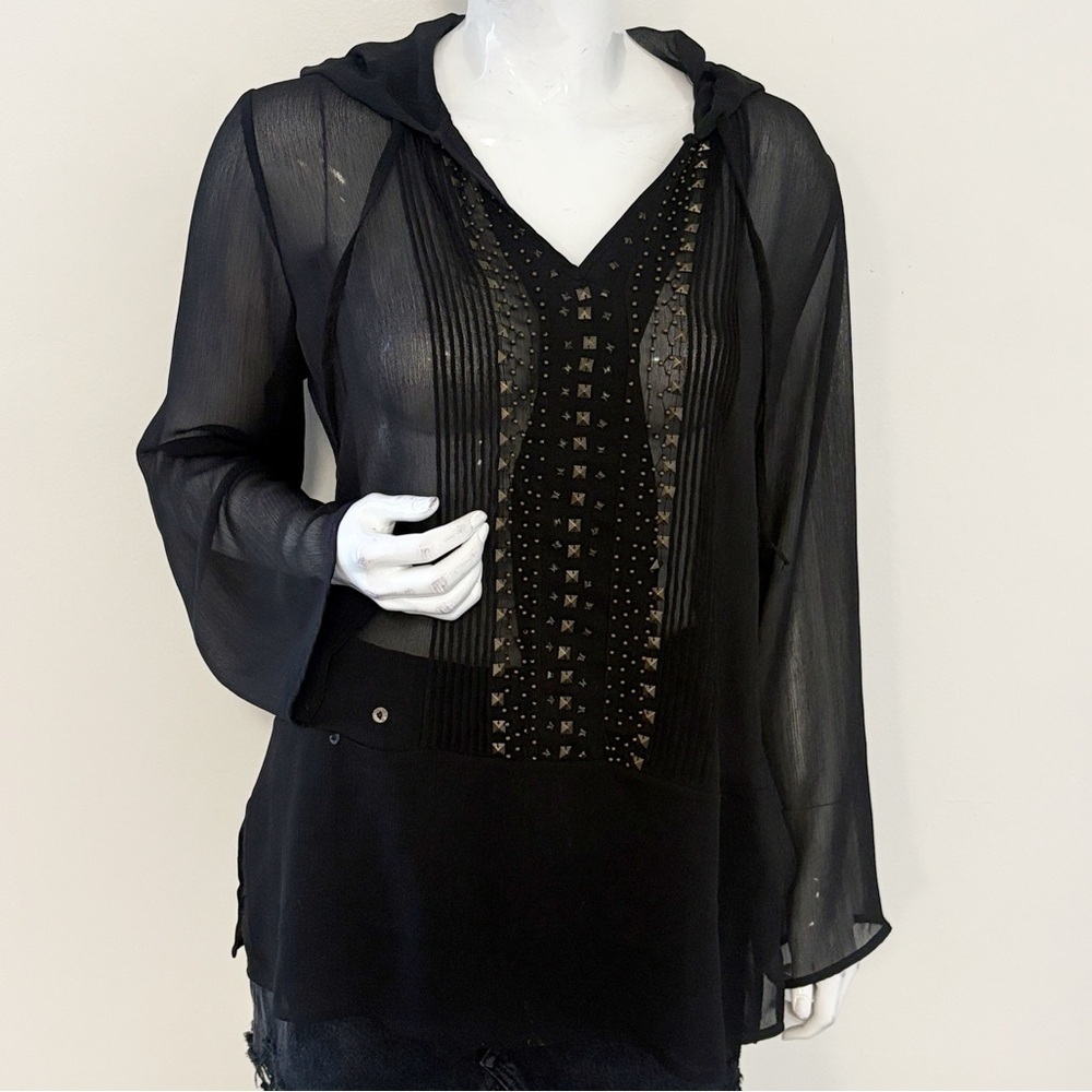 Y2K Chico's Black Sheer Hooded Bell Sleeve Blouse w Gold Tone Studded Details